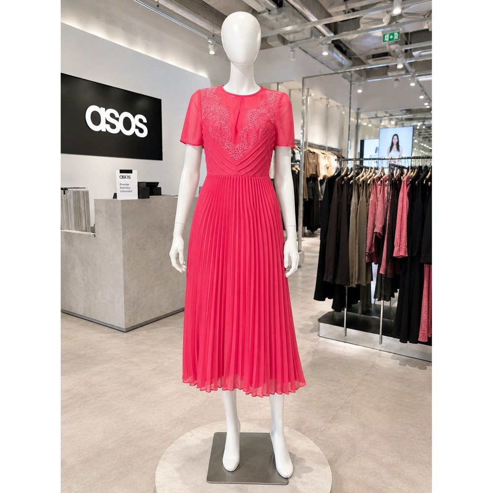 Asos Women's Coral Pleated Lace Bodice Short Sleeve Midi Dress Us 2 - Picture 2 of 12